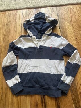 Polo by Ralph Lauren Navy and White Striped Hooded Rugby Pullover